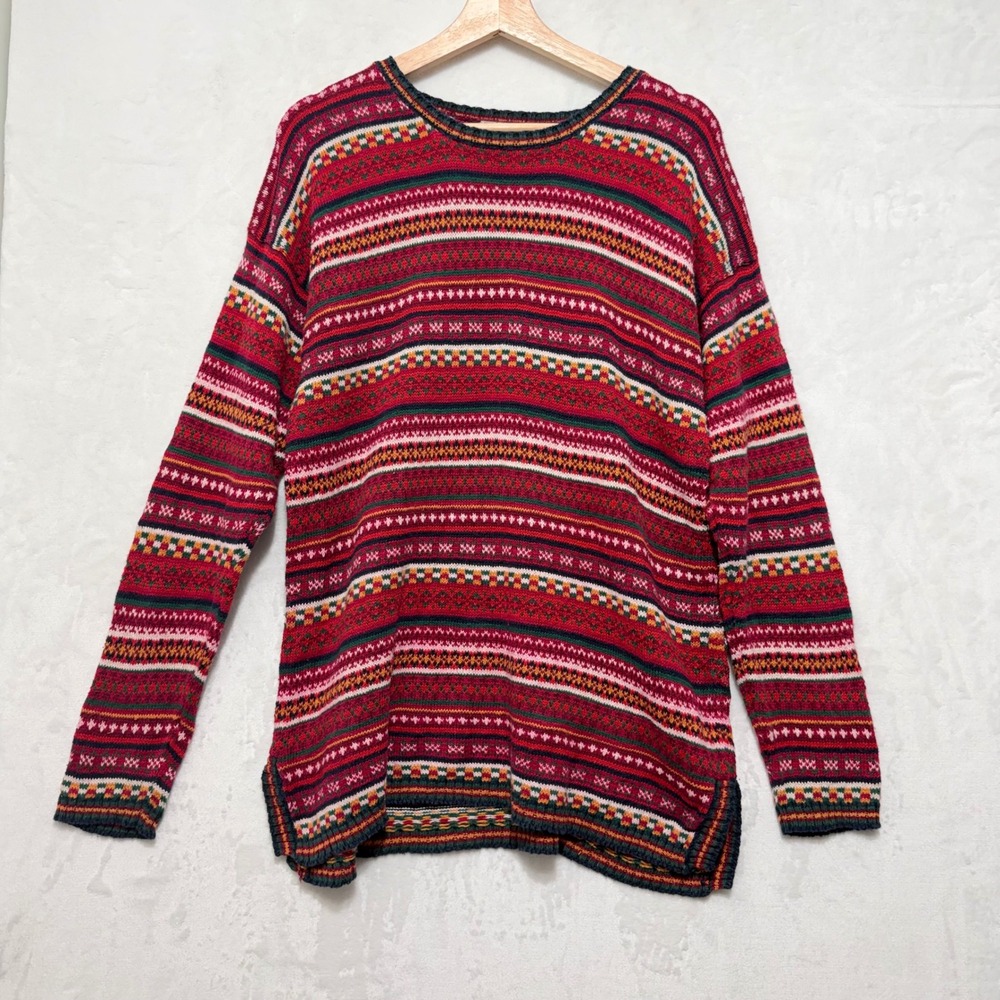 Sweater Fair Isle Red Vintage Womens Large Cottagecore Ramie